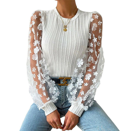 Women's Mesh Small Flower Chiffon Shirt Summer Round Neck Long Sleeve Top.