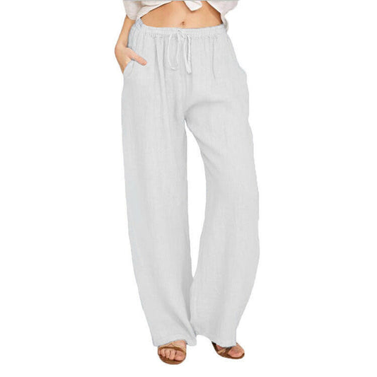 Soft Casual Drawstring Tie Trousers Summer Elastic Waist Loose Jogger Pants With Pockets.