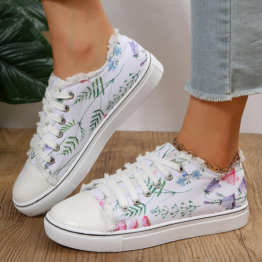 Casual Flat Canvas Shoes Flowers Lace-up Flowers Print Loafers Women Walking Shoes.