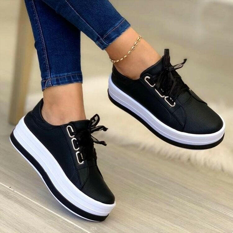 Fashion Flats Sneakers Women Ribbon Lace-up Platform Shoes.