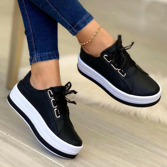Fashion Flats Sneakers Women Ribbon Lace-up Platform Shoes.