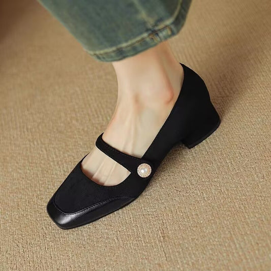 Women's Chunky Heel Suede Flat Low-cut Shoes.
