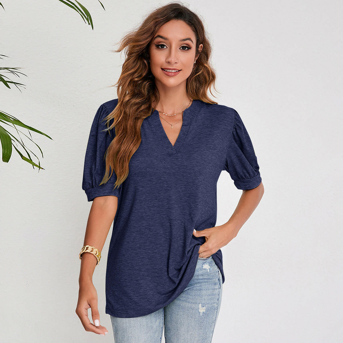 Women's Pleated Puff Sleeve Tops Summer V Neck T Shirts Casual Loose Blouses.