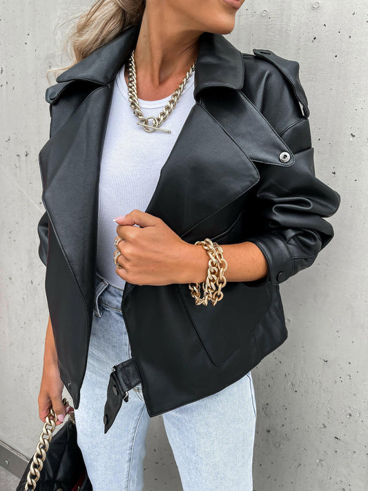 Women PU Leather Top Coat Jacket Loose.