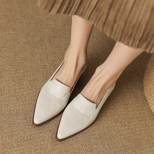 Women's Spring And Autumn Mid Heel Deep Mouth Leather Shoes.