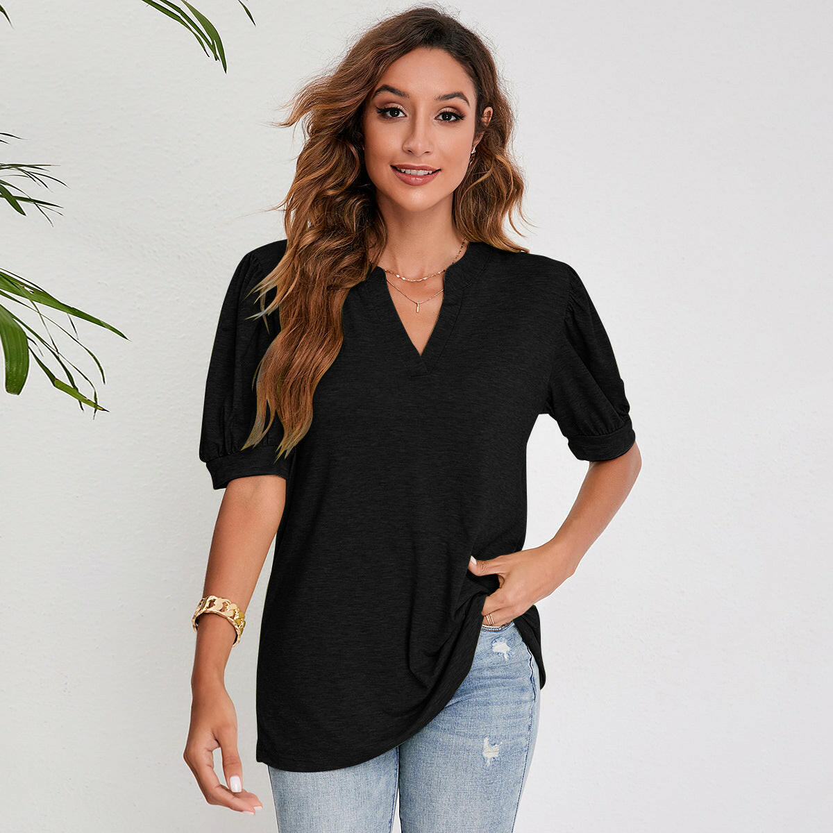 Women's Pleated Puff Sleeve Tops Summer V Neck T Shirts Casual Loose Blouses.