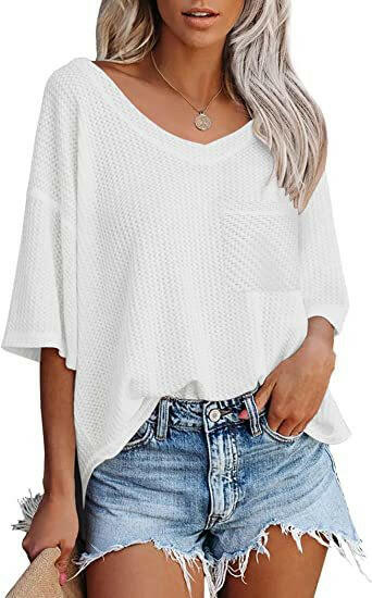 V-neck Shirts Women Summer Short Sleeve Green Tops With Patched Pocket.