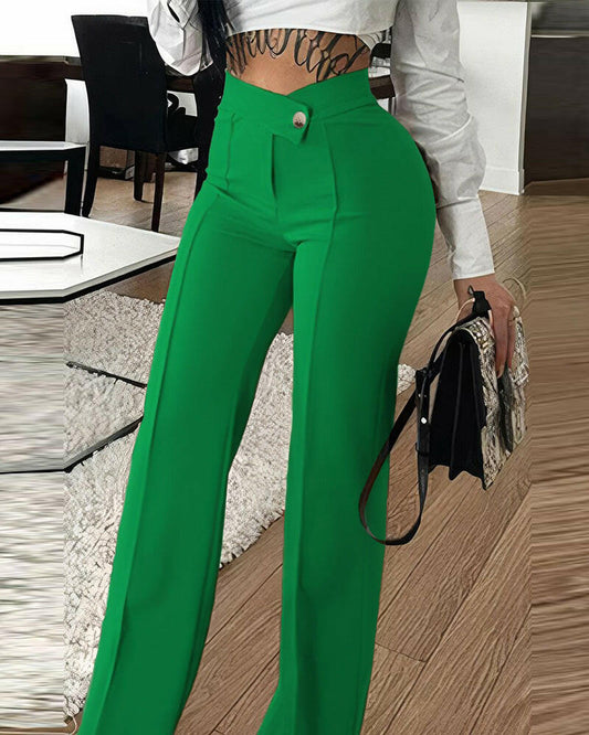 Slim Straight-leg Pants With Buckle Fashion Solid Color Trousers For Womens Clothing.