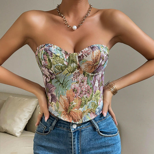 Y2K Floral Print Tube Vest Top With Back-tied Design INS Fashion Crop Corset Tank For Women Clothing.