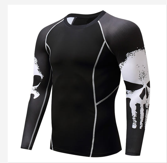 Skull Print Long Sleeve Men's Workout Clothes Stretch Quick Drying Clothes Basketball Riding Running Suit Round Neck Tight T-shirt.