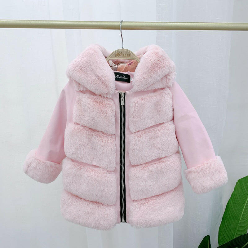Children's Cotton Coat Rex Rabbit Hooded Faux Fur Coat.